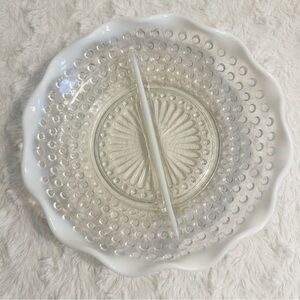 Vintage Fenton White Opalescent Divided Ruffle Dish